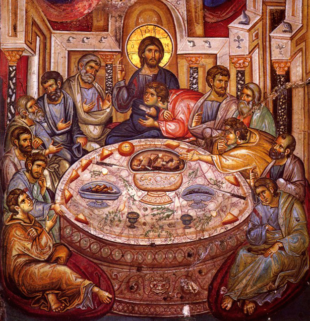 Великий Четверг. Тайная Вечеря. Нач. XIV в, фреска монастыря Ватопед, Афон.